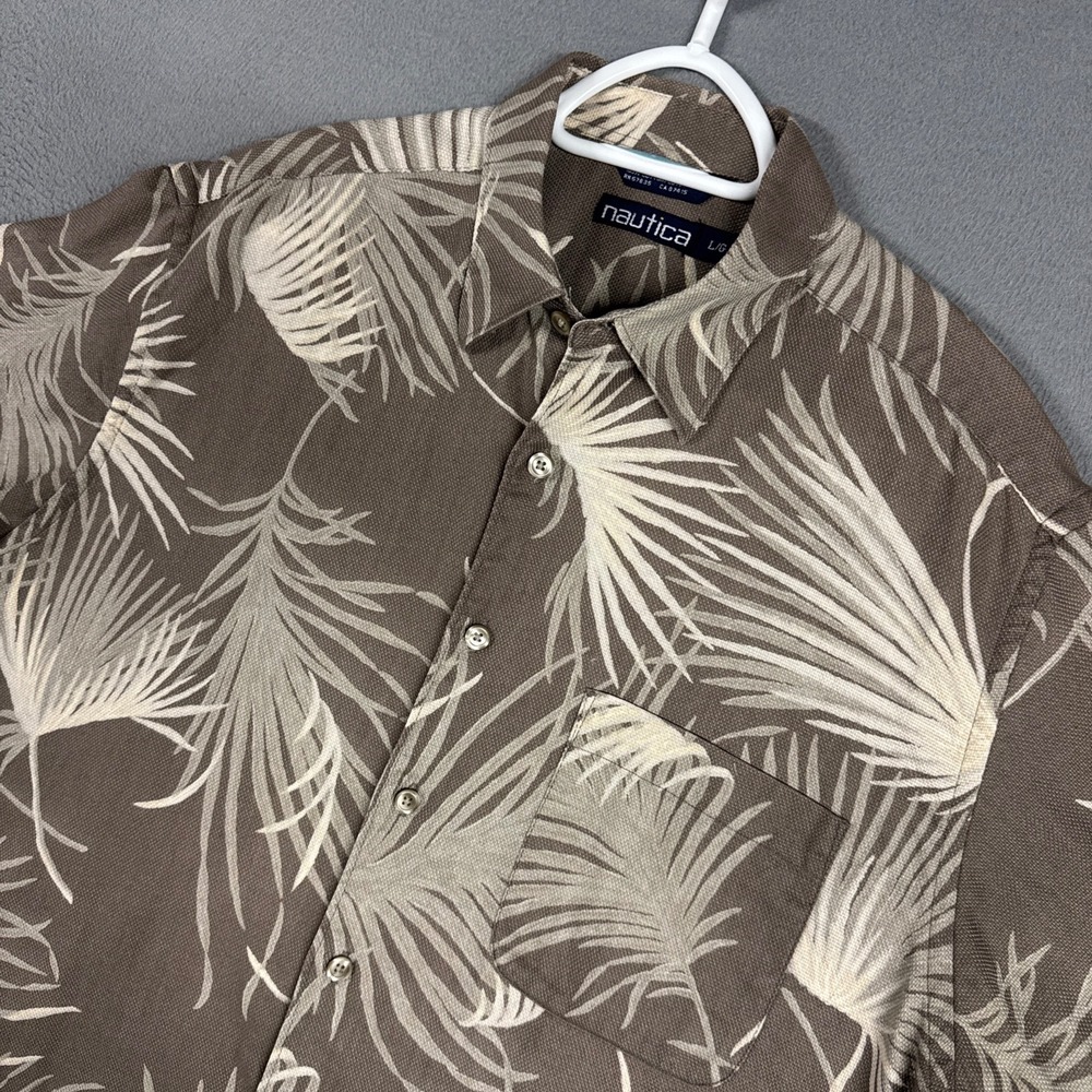 Nautica Shirt Mens Large Brown Tropical Palm Leaf Print Short Sleeve Cotton VTG